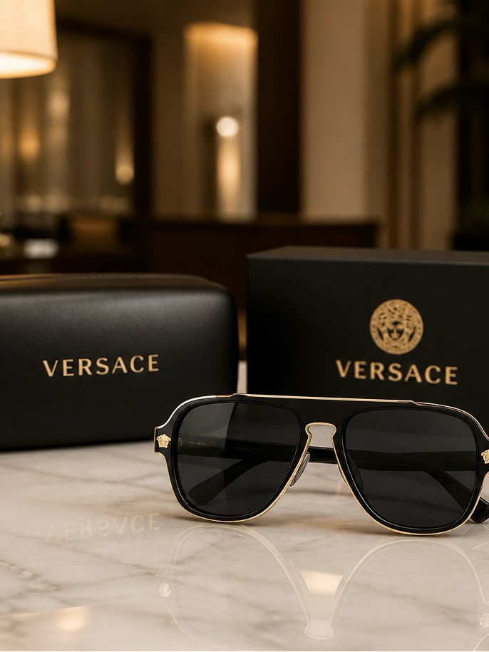 Versace Black And Gold Pilot Sunglasses
